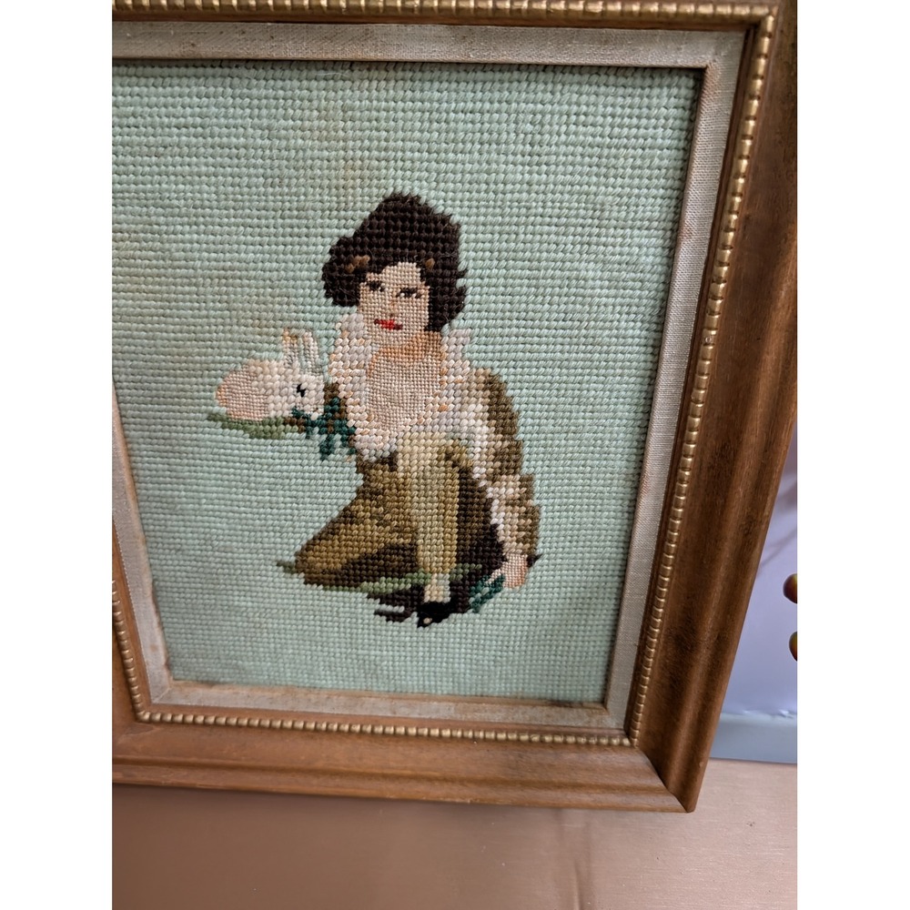 Vintage‎ Framed Needlepoint Artwork Boy Holding Rabbit Wood Frame Folk Art - Picture 2 of 5